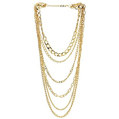 COOLSTEELANDBEYOND Statement Necklace Waterfall Multi-Strand Curb Link Rolo Chains, Punk Rock Cool, Light Weight - color: A-Color: 18K Gold-Plated