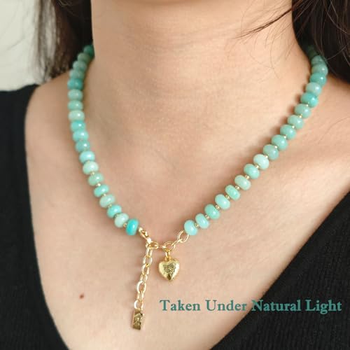 Boho Gemstone Beaded Necklace for Women – Colorful Natural Stone Choker 18K Solid Heart-Shaped Pendant, Summer Beach Jewelry - color: Amazonite