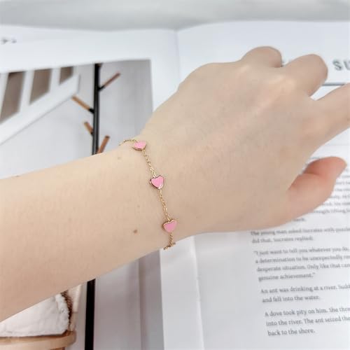 Cute Heart Charm Link Chain Bracelet for Women Dainty Stainless Steel Gold Plated Colorful Enamel Love Heart Adjustable Bracelets Fashion Jewelry for Bff Daughter Her - color: Pink