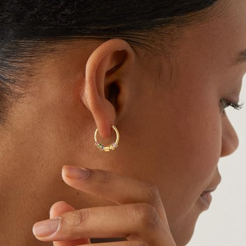 Dremmy Studios Dainty CZ Huggie Hoop Earrings 14K Gold Plated Chunky Simple Cute Thick Round Frill Bead Ball Starburst Cuff Earrings Cubic Zirconia Hoop Earrings Minimalist Personalized Gift for Her - color: Rainbow B