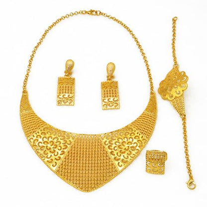 indian Women Jewelry Necklace Set african Dubai Bride Wedding Prom Fashion Jewelry 24K Gold Plated Necklace Bangles Rings Earrings - color: S-350