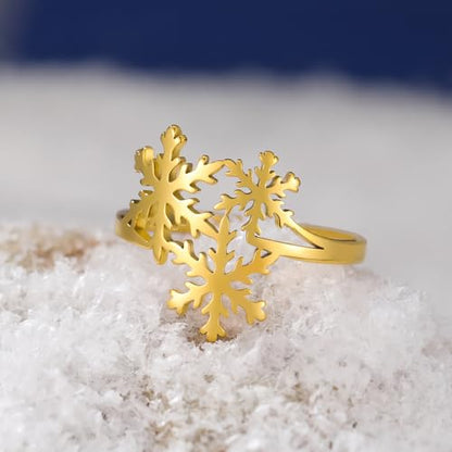 OIDIMS Xmas Snowflake Ring for Women Elegant Winter Flower Adjustable Open Band Rings Hypoallergenic Stainless Steel Christmas Holiday Wedding Engagement Prom Jewelry for Her Stocking Stuffer - color: Gold