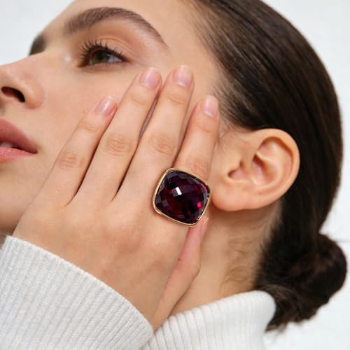 Chunky Square Crystal Glass Stainless Steel Statement Ring for Women Men Gold-Tone Plated Exaggerated Large Geometric Green Cubic Zirconia Finger Band Knuckle Rings Cocktail Prom Fashion Jewelry - color: Red