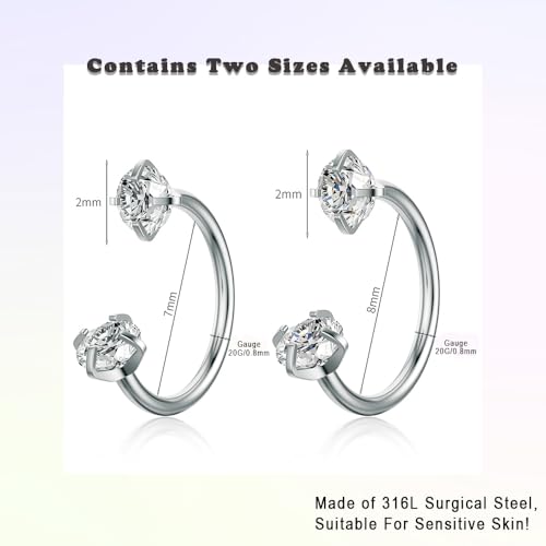 TOPBRIGHT 12PCS 316L Stainless Steel Horseshoe Nose Rings - 20G Threadless Push Pin Hoops with Double Cubic Zirconia for Women Men, Septum/Helix/Daith/Lip Piercing (7mm & 8mm)
