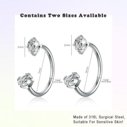 TOPBRIGHT 12PCS 316L Stainless Steel Horseshoe Nose Rings - 20G Threadless Push Pin Hoops with Double Cubic Zirconia for Women Men, Septum/Helix/Daith/Lip Piercing (7mm & 8mm)