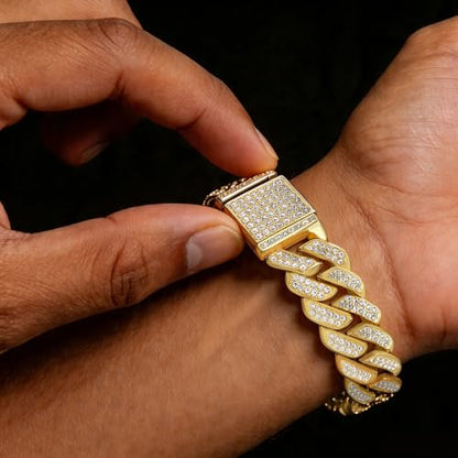 Mens Cuban Link Chain Iced Out Miami Cuban Necklace/Bracelet |14mm Silver & Gold Plated Chains | Bling Diamond Hip Hop Jewelry For Men Women - color: Yellow Gold, size: 8 inches