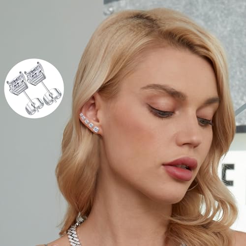 Gemsme 5 Pairs Princess Cut Cubic Zirconia Stud Earrings for Women/Men - 18K Gold Plated Hypoallergenic 3-7mm Square Clear CZ Earring Set - color: White Gold-Princess Cut