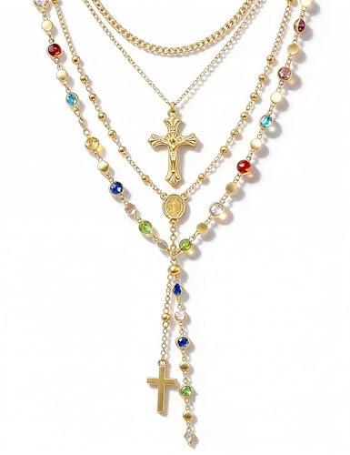 4PCS Layered Gold Cross Necklaces for Women Trendy, Bohemian Bead Pearl Y Long Pendant Necklace Set, Vintage Rosary Necklace Stack Adjustable Length - color: colorful