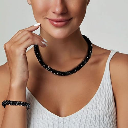 Hand Knotted Beads Statement Necklace Bracelet Jewelry Set Artificial Crystal Choker for Women- Handmade Beaded Strand Sparkly Faceted Crystal Rondelle-17inches, 30 Colors - color: Silvery&Black Set