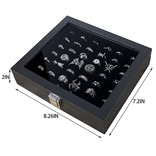 Pangkeep Ring Organizer Display Case,Black Jewelry Storage Tray Boxes for Multiple Rings,Glass Lid,Stackable. (42 Slots) - size: 42 Slots