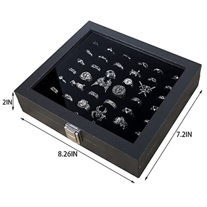 Pangkeep Ring Organizer Display Case,Black Jewelry Storage Tray Boxes for Multiple Rings,Glass Lid,Stackable. (42 Slots) - size: 42 Slots