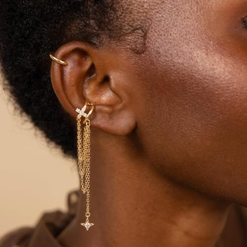 14K Gold Plated Ear Cuff Earrings for Women, Dainty Ear Cuffs Non Piercing Clip on Earrings Trendy Non pierced Cubic Zirconia Fake Hoop Earring Jewelry Sets for Women - color: Gold-1