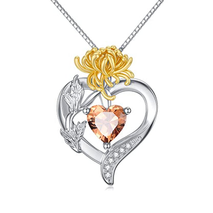 TOUPOP Birth Flower Necklace 925 Sterling Silver Heart Birthstone Pendant Necklaces Birth Month Floral Jewelry Birthday Valentines Day Mothers Day Gifts for Women Wife Mom - style: 11-November-Chrysanthemum