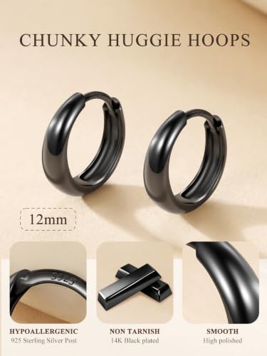 Bestyle Gold Huggies Earrings for Women Hypoallergenic 925 Sterling Silver Post Huggie Hoop Earrings Thick Lightweight Small Hoop Earrings 8/10/12/14mm - color: Black, size: 12mm