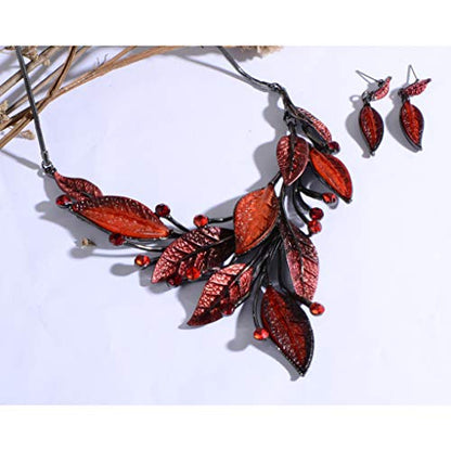 AMYJANE Vintage Statement Jewelry Set - Spring Leaf Flower Floral Plant Necklace Earring Set Crystal Rhinestone Fashion Costume Jewelry for Women Prom Party Unique Gift - style: Red Leaf Jewelry Set