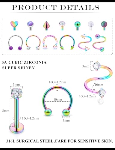 16G Horseshoe Lip Rings 316L Surgical Steel Medusa Labret Snake Bite Monroe Lip Ring 16 Gauge Tragus Forward Helix Conch Cartilage Lobe Earrings Stud Piercing Jewelry For Women Men - color: Rainbow