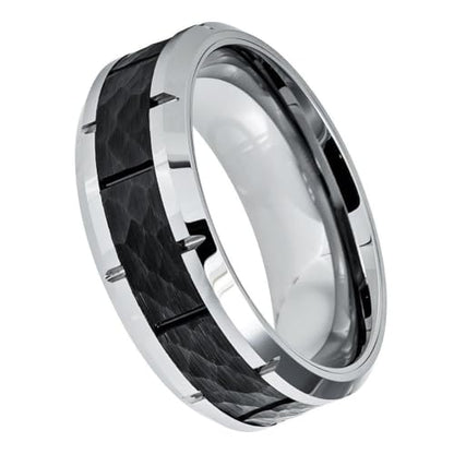 CRAAG- 8mm Tungsten Carbide Wedding Band, Two-Tone Silver Ring with Black IP Plated Hammered Finish Center, High-Polished Beveled Edge with Notches for Men and Women, Comfort Fit Scratchproof Anniversary Promise Band, Custom Engravable