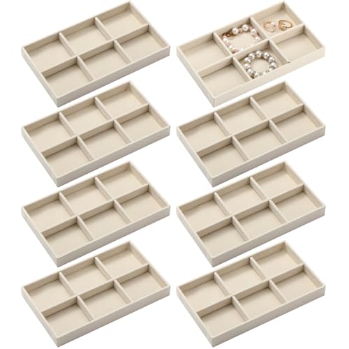 Highergo 8 Pcs Velvet Jewelry Trays Stackable Drawers Organizer Ring Earring Bracelet Necklace Storage Trays, 8.3x4.7x1''(6 Grids) - style: 6 Grids