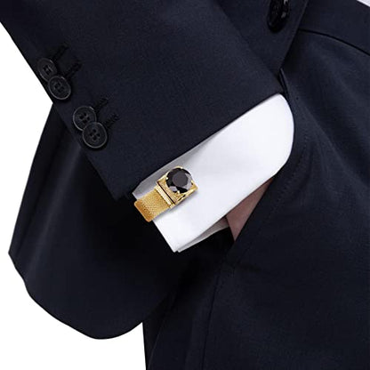 HAWSON Mens Cufflinks with Chain - Stone and Shiny Gold Tone Shirt Accessories - Party Gifts for Young Men - color: 24K Gold Color+Black Crystal