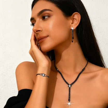 4 Pieces Cubic Zirconia Wedding Jewelry Sets for Bride Rhinestone Bridal Jewelry Set Necklace Bracelet Earring Ring for Brides Bridesmaid for Wedding Party - color: 4 PCS-Black