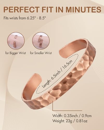 Feraco Pure Copper Bracelets for Men & Women, 99.99% Copper Tibetan Cuff | Adjustable Handmade Jewelry Gift, Hammered