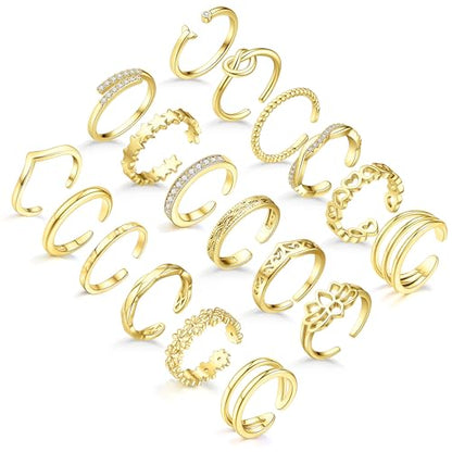 18PCS Toe Rings for Women | Non Tarnish Gold/Silver Rings Open Flower CZ Band Toe Ring Set Adjustable Ring Summer Beach Foot Jewelry Gifts - color: Gold