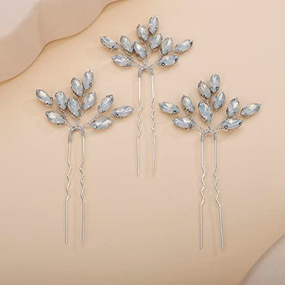 Teyglen 3pcs Bridal Crystal Hair Pins Rhinestones Hair Pieces Simple Crystal Wedding Hair Accessories Handmade Hair Pins for Women Bride Girls (Opal) - color: Opal