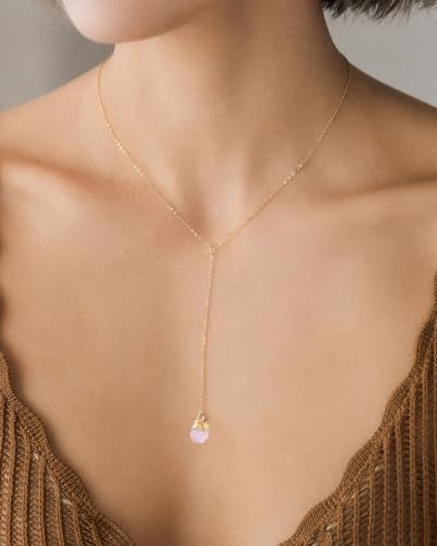 Lariat Necklace for Women Dainty Gold Long Crystal Drop Y-Shaped Necklace | 14k Gold Plated Crystal Drop Necklace Trendy Non Tarnish Simple Gold Jewelry For Wedding, Prom, Daily - color: Rose Quartz