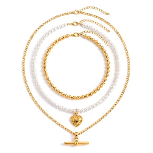 Layered Necklaces for Women Pearl Necklace Stack Gold T Bar Necklace Set Dainty Heart Pendant Jewelry Trendy 2026 Fashion Accessories Gifts - color: A3:3pcs-gold