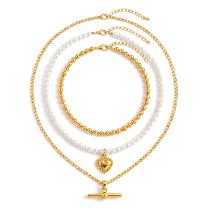 Layered Necklaces for Women Pearl Necklace Stack Gold T Bar Necklace Set Dainty Heart Pendant Jewelry Trendy 2026 Fashion Accessories Gifts - color: A3:3pcs-gold