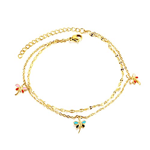 Anklet Bracelets for Women Stainless Steel, Gold Anklets Bracelet for Womens Double Layer Chain with Flower/Ladybug/Dragonfly Anklet for Summer Beach - color: Dragonfly
