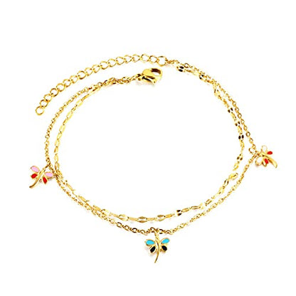 Anklet Bracelets for Women Stainless Steel, Gold Anklets Bracelet for Womens Double Layer Chain with Flower/Ladybug/Dragonfly Anklet for Summer Beach - color: Dragonfly