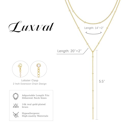 Luxval Lariat Gold Necklace for Women, Dainty Long Necklace 14k Gold Plated/Silver Y-Shaped Pendant Necklaces Trendy Beaded Chain Drop Necklaces Jewelry for Women Gifts - color: Gold-Y Satellite