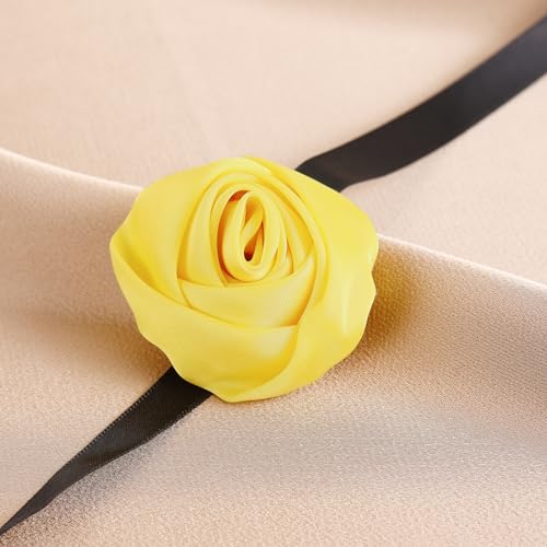 Firstmeet Floral Rose Necklace Handmade Flower Satin Ribbon Choker Necklace for Women - color: Yellow