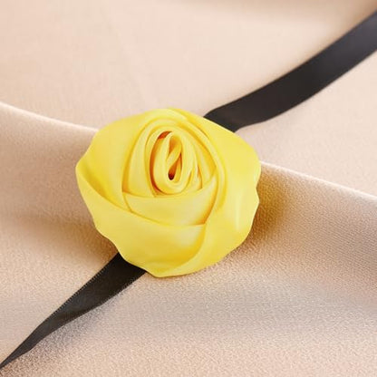 Firstmeet Floral Rose Necklace Handmade Flower Satin Ribbon Choker Necklace for Women - color: Yellow