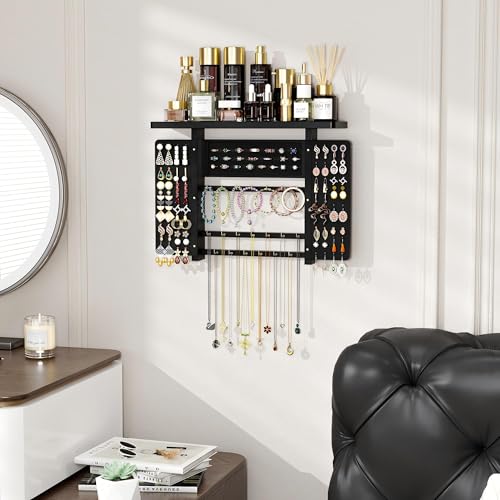 Emfogo Jewelry Organizer Hanging Wall Mounted Jewelry Holder, 5-in-1 Large Capacity Necklace Organizer Wall Display for Ring, Necklaces, Bracelets, Earrings(Black) - color: Black
