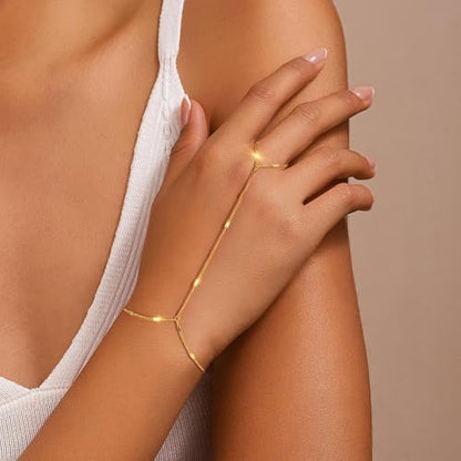 Eaciy 3PCS Gold Hand Chain Bracelets for Women, 18K Gold Plated Dainty Stackable Hand Chain Bracelet Ring Gold Bracelets for Women Trendy Gold Jewelry Set - color: 10-Bar-Hand Chain