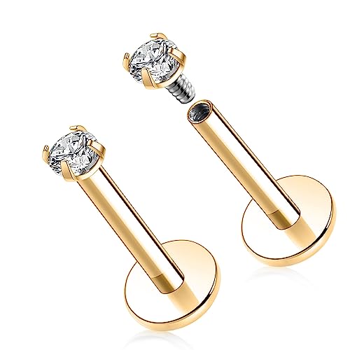 GAGABODY G23 Titanium 16G 6/8/10mm Clear CZ/Opal Internally Threaded Labret Monroe Lip Studs 6mm Helix Cartilage Tragus Earring Piercing - color: 16G-2Pcs-Gold-Length:6mm CZ:2mm