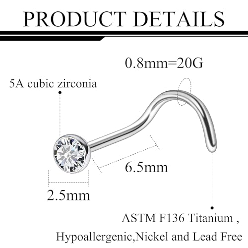ASTM F136 Titanium Nose Rings 18G 20G 22G Jeweled Clear Cubic Zirconia Nose Studs Ring Screw L-Shaped Bone Hypoallergenic Body Piercing Jewelry for Women 1.5mm 2mm 2.5mm 3mm 10PCS - style: Screw:20G(0.8mm)-2.5mm CZ