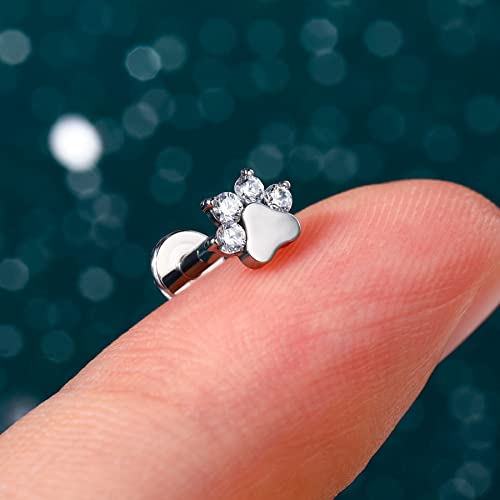 G23 Titanium Cartilage Earring Stud for Helix 16g Flat Back Dog Paw Cartilage Piercing Jewelry Front Top Screw Helix Tragus Earrings - color: Paw-6mm