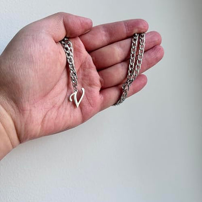 Stainless Steel Initial A-Z Necklace for Men Women,Cuban Chain,Titanium Steel Initial Letter Pendant Charm Necklaces Accessories Jewelry for Woman Man,21 Inch Chain - color: V