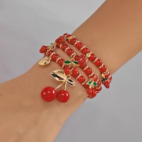 Red Cherry Beaded Bracelets Set for Women Stackable Layered Charm Bracelets Red Beaded Stretch Bracelet Cute Boho Statement Jewelry for Birthday Party Vacation Gift - color: 3PCS Set - Strawberry Cherry