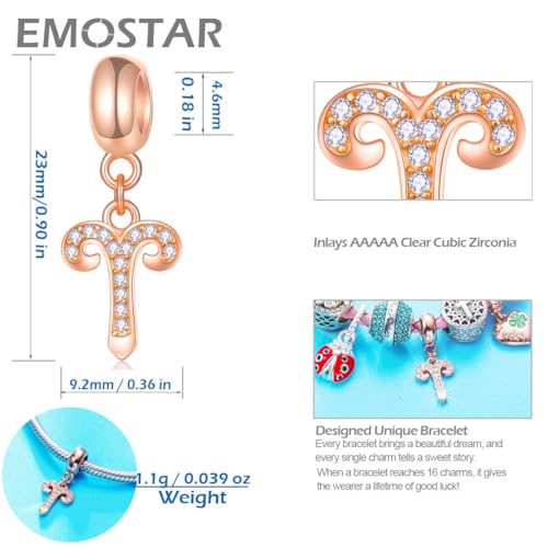 EMOSTAR Zodiac Sign Charms fits European Charm Bracelet – Rose Gold 925 Sterling Silver Necklace Pendant, 12 Horoscope Constellation Dangle CZ Birthstone Beads, Gifts for Women/Men/Birthday - color: Aries (3.21 – 4.19)