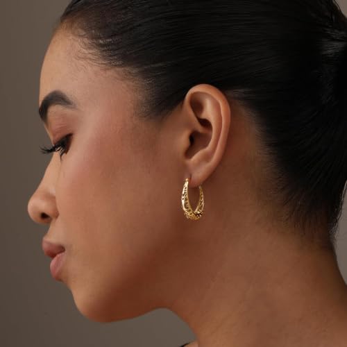 LeCalla 925 Sterling Silver Chunky Hoop Earrings | Filigree Heart Hoop Earrings for Women | Oval & Round Mesh Filigree Click-Top Hoops Earring | Hypoallergenic Earrings for Women - color: Yellow Gold Oval Heart Filigree 28MM