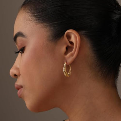 LeCalla 925 Sterling Silver Chunky Hoop Earrings | Filigree Heart Hoop Earrings for Women | Oval & Round Mesh Filigree Click-Top Hoops Earring | Hypoallergenic Earrings for Women - color: Yellow Gold Oval Heart Filigree 28MM