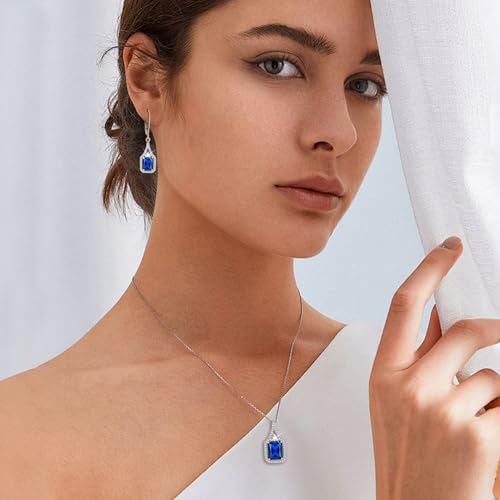 Created Gemstone Necklace 925 Sterling Silver Halo Rectangular Pendant Birthstone Necklaces Jewelry Gifts for Women - color: 09 September - Sapphire