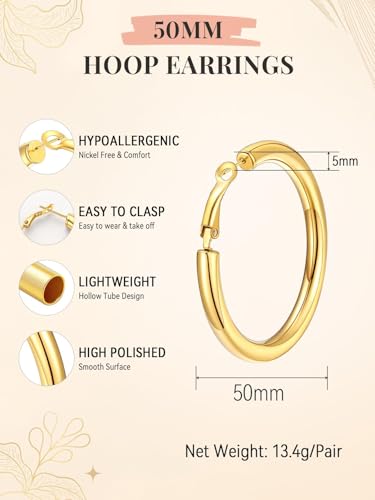 FaithHeart Silver/Black/Gold Stainless Steel Chunky Hoop Earrings for Women | Hypoallergenic Lightweight Hoop Earrings, Trendy Statement Thick Hoop, 20/30/40/50/60/70/80mm - color: Gold, size: 50mm