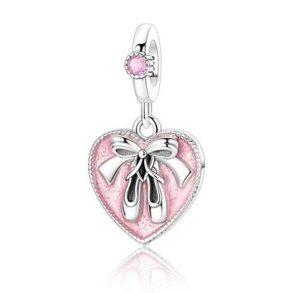 S925 Sterling Silver Cute Bead Charm for Pandora Bracelets and Necklaces | Lucky Clover Cute Animal Pink Bow Cherry Butterfly Pendant Bead Charms Jewelry Making Gifts for Women Valentines Mother's Day - style: Ballet Shoes Heart Dangle Charm