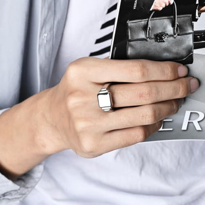 PAURO Unisex Square Shaped Signet Ring Geometric Style | Stainless Steel Square-shaped Signet Style for Men Women,Classical Simple Plain Wedding Engagement Statement Ring - color: Silver
