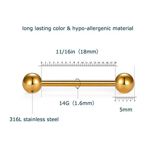 VCMART 12mm-18mm 14G Tongue Rings Nipple Straight Barbells Surgical Steel Body Piercing Jewelry - style: Style D -6pcs, gold